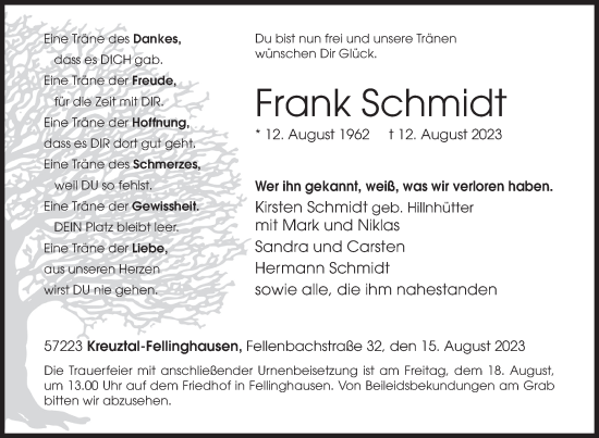 Traueranzeige von Frank Schmidt von Siegener Zeitung