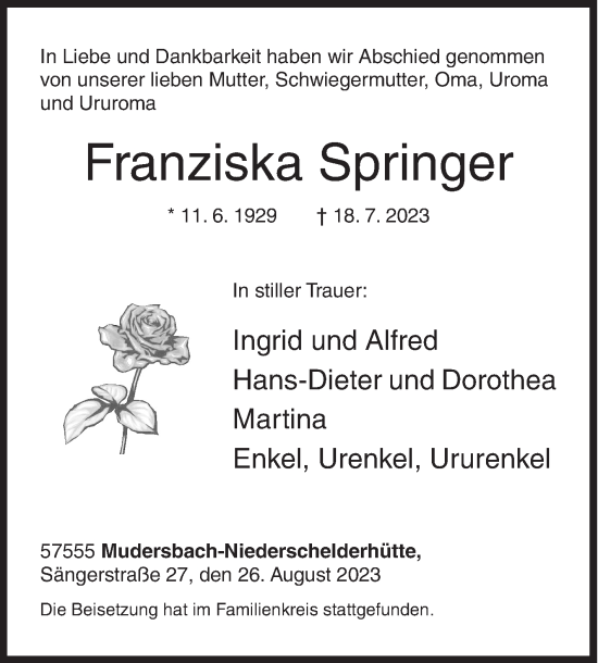 Traueranzeige von Franziska Springer von Siegener Zeitung