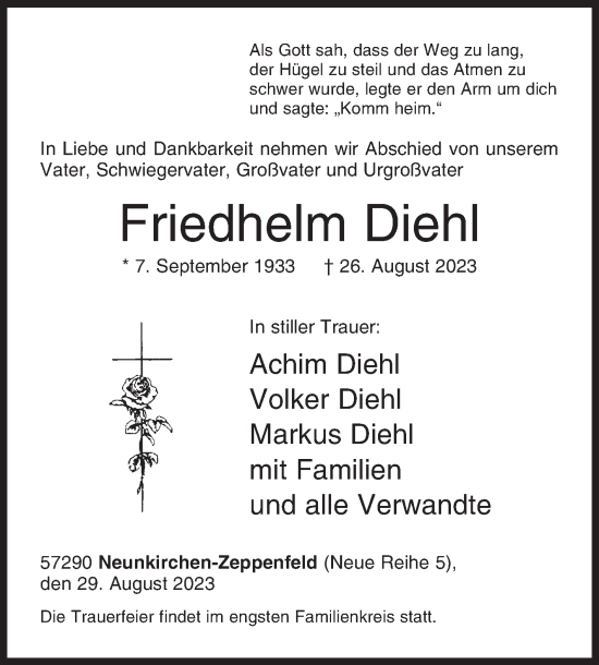 Traueranzeige von Friedhelm Diehl von Siegener Zeitung