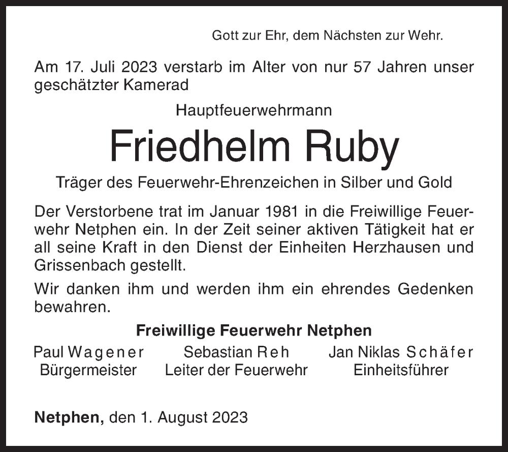  Traueranzeige für Friedhelm Ruby vom 01.08.2023 aus Siegener Zeitung