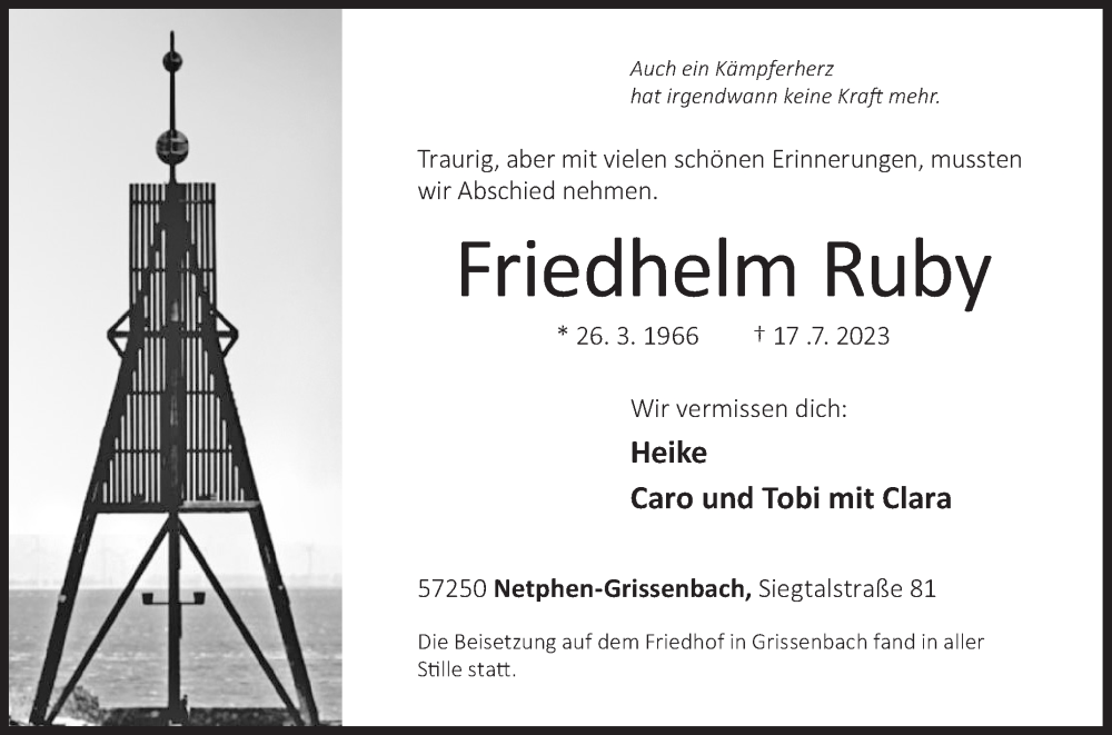  Traueranzeige für Friedhelm Ruby vom 01.08.2023 aus Siegener Zeitung