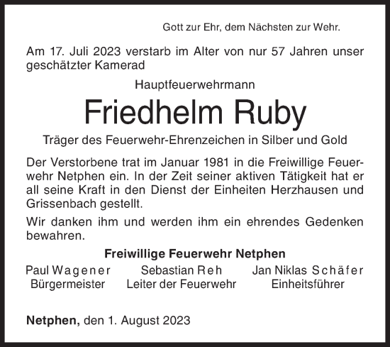 Traueranzeige von Friedhelm Ruby von Siegener Zeitung