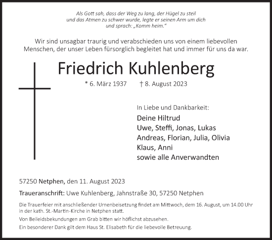 Traueranzeige von Friedrich Kuhlenberg von Siegener Zeitung