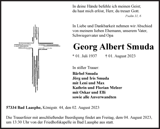 Traueranzeige von Georg Albert Smuda von Siegener Zeitung