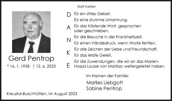 Traueranzeige von Gerd Pentrop von Siegener Zeitung