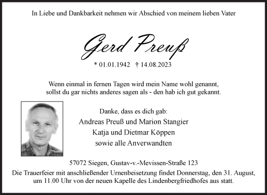 Traueranzeige von Gerd Preuß von Siegener Zeitung