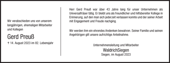 Traueranzeige von Gerd Preuß von Siegener Zeitung