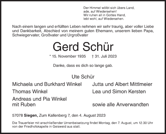 Traueranzeige von Gerd Schür von Siegener Zeitung