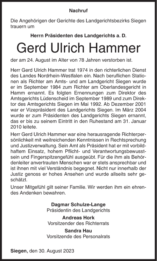 Traueranzeige von Gerd Ulrich Hammer von Siegener Zeitung