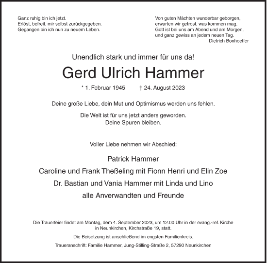 Traueranzeige von Gerd Ulrich Hammer von Siegener Zeitung