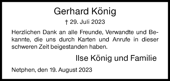 Traueranzeige von Gerhard König von Siegener Zeitung