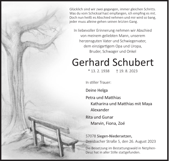 Traueranzeige von Gerhard Schubert von Siegener Zeitung