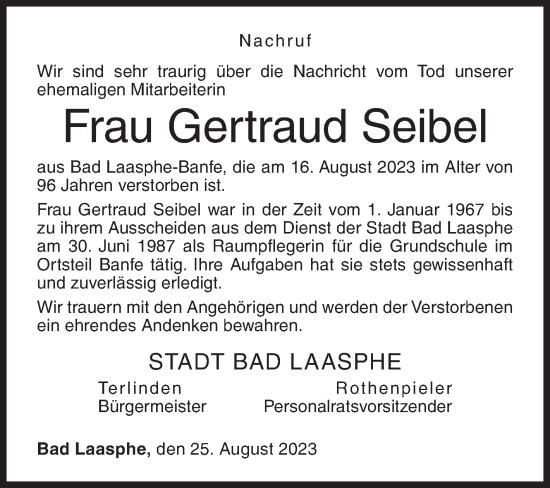 Traueranzeige von Gertraud Seibel von Siegener Zeitung