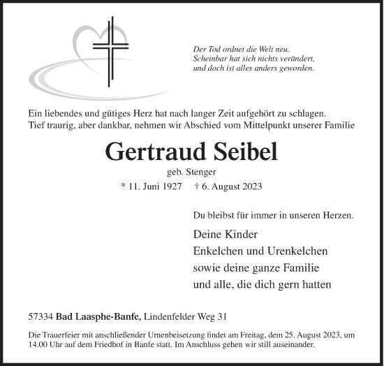 Traueranzeige von Gertraud Seibel von Siegener Zeitung