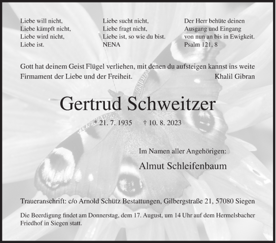 Traueranzeige von Gertrud Schweitzer von Siegener Zeitung