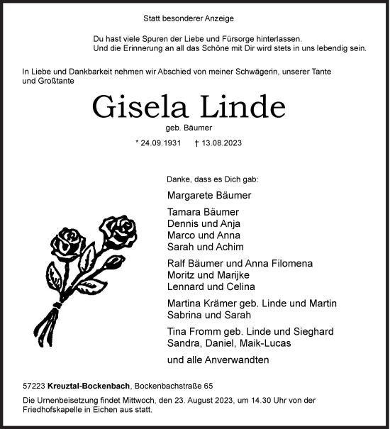 Traueranzeige von Gisela Linde von Siegener Zeitung