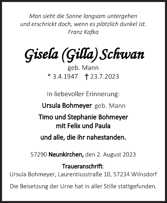 Traueranzeige von Gisela Schwan von Siegener Zeitung