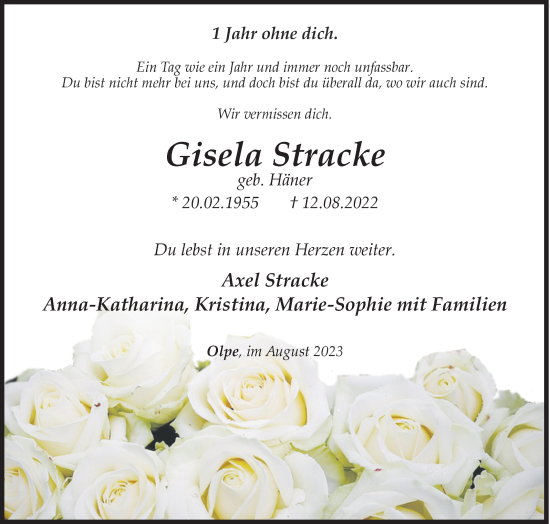 Traueranzeige von Gisela Stracke von Siegener Zeitung