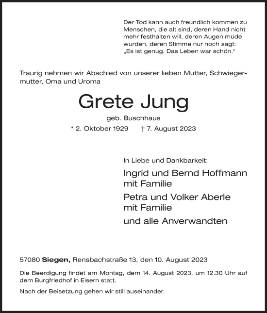 Traueranzeige von Grete Jung von Siegener Zeitung