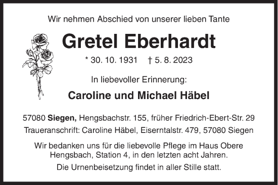 Traueranzeige von Gretel Eberhardt von Siegener Zeitung