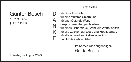 Traueranzeige von Günter Bosch von Siegener Zeitung