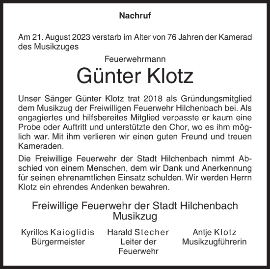 Traueranzeige von Günter Klotz von Siegener Zeitung