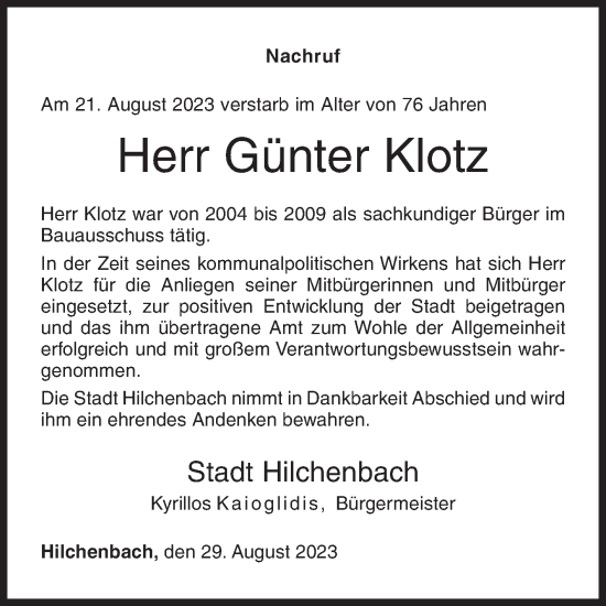 Traueranzeige von Günter Klotz von Siegener Zeitung