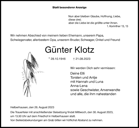 Traueranzeige von Günter Klotz von Siegener Zeitung