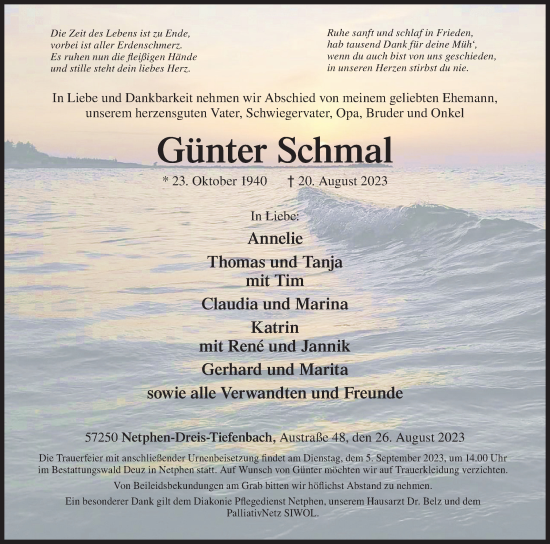 Traueranzeige von Günter Schmal von Siegener Zeitung