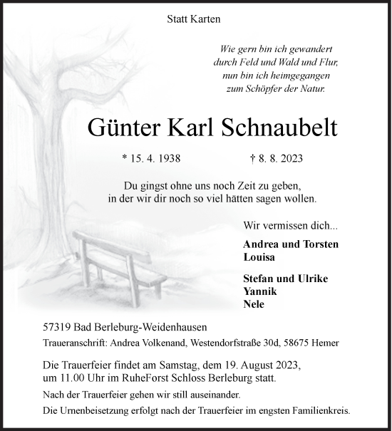 Traueranzeige von Günter Karl Schnaubelt von Siegener Zeitung