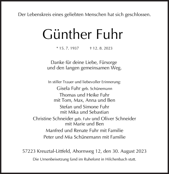 Traueranzeige von Günther Fuhr von Siegener Zeitung
