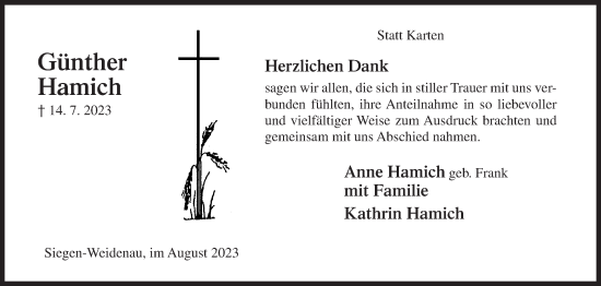 Traueranzeige von Günther Hamich von Siegener Zeitung