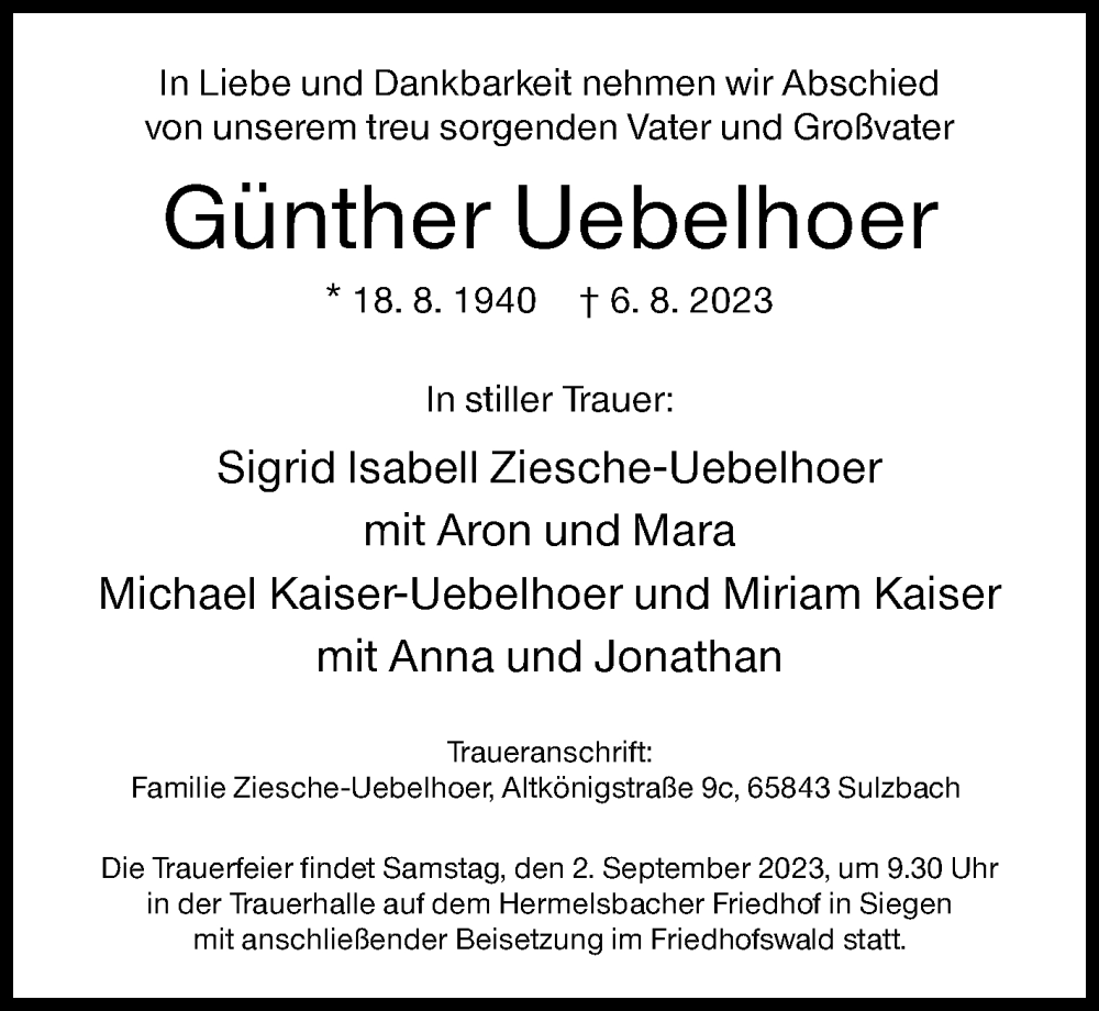  Traueranzeige für Günther Uebelhoer vom 19.08.2023 aus Siegener Zeitung