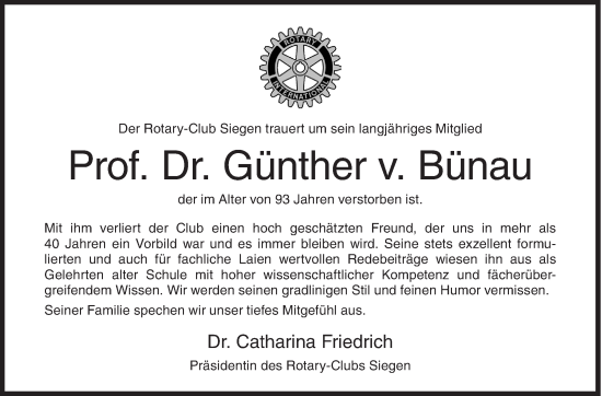 Traueranzeige von Günther v. Bünau von Siegener Zeitung