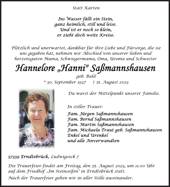 Traueranzeige von Hannelore Saßmannshausen von Siegener Zeitung