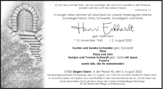 Traueranzeige von Hanni Eckhardt von Siegener Zeitung
