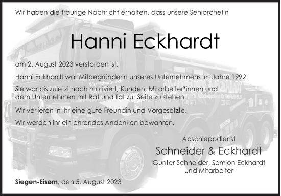 Traueranzeige von Hanni Eckhardt von Siegener Zeitung