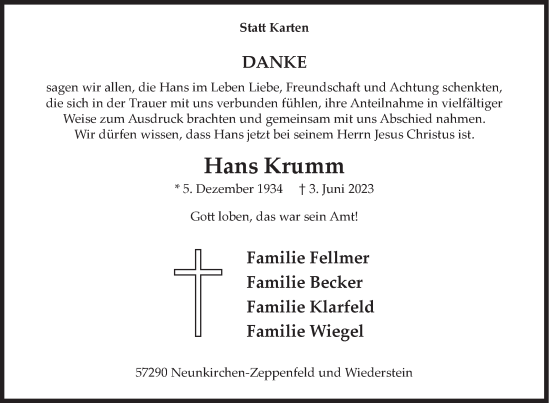 Traueranzeige von Hans Krumm von Siegener Zeitung