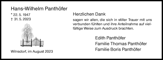 Traueranzeige von Hans-Wilhelm Panthöfer von Siegener Zeitung