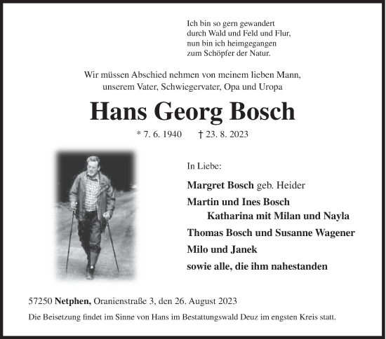 Traueranzeige von Hans Georg Bosch von Siegener Zeitung