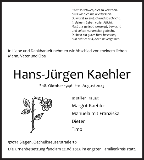 Traueranzeige von Hans Jürgen Kaehler von Siegener Zeitung