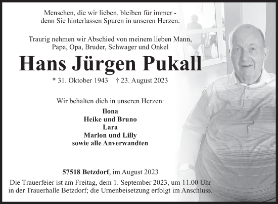 Traueranzeige von Hans Jürgen Pukall von Siegener Zeitung