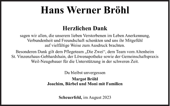 Traueranzeige von Hans Werner Bröhl von Siegener Zeitung