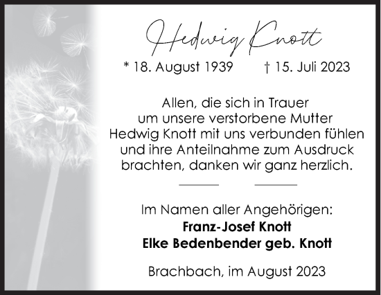 Traueranzeige von Hedwig Knott von Siegener Zeitung