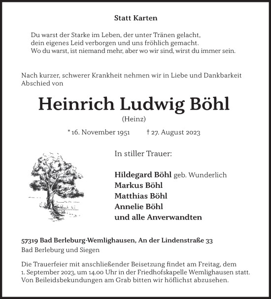Traueranzeige von Heinrich Ludwig Böhl von Siegener Zeitung