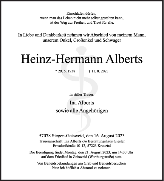 Traueranzeige von Heinz-Hermann Alberts von Siegener Zeitung