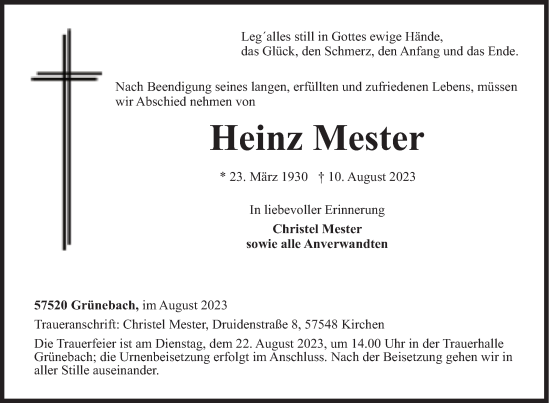 Traueranzeige von Heinz Mester von Siegener Zeitung