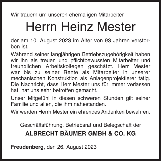 Traueranzeige von Heinz Mester von Siegener Zeitung