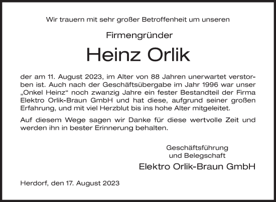Traueranzeige von Heinz Orlik von Siegener Zeitung