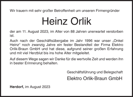 Traueranzeige von Heinz Orlik von Siegener Zeitung